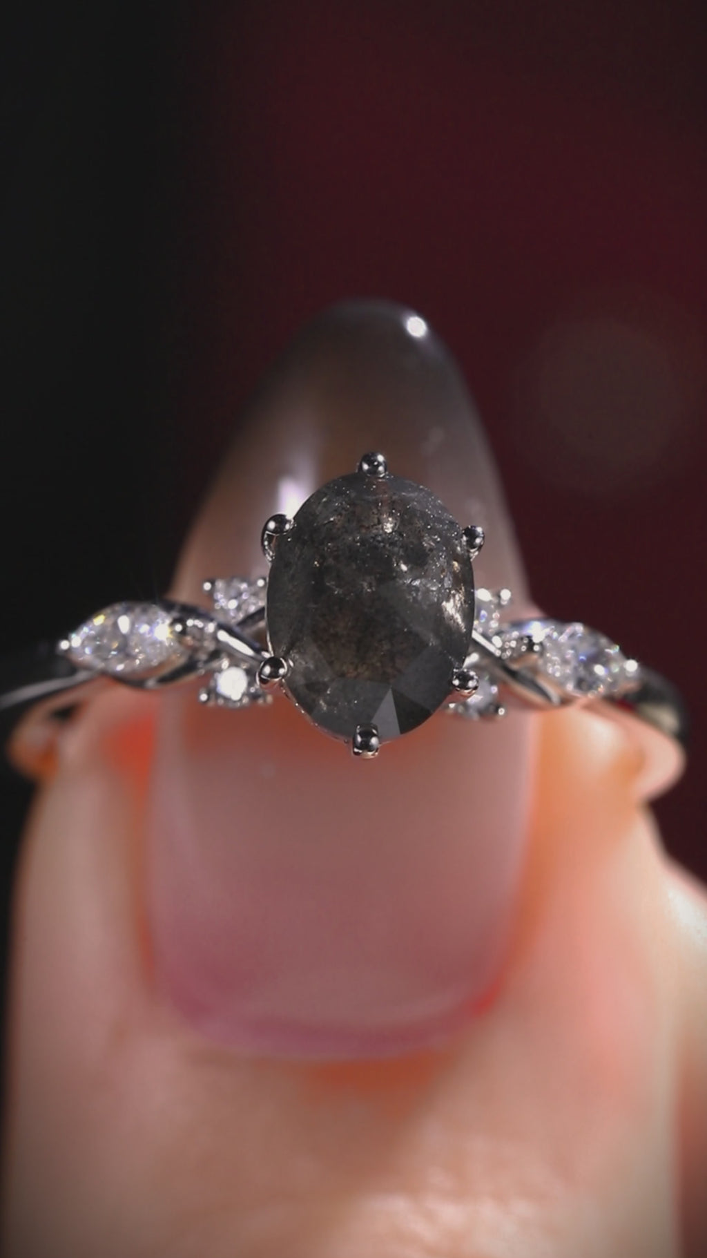 Oval Cut Salt & Pepper Diamond Ring With Lab Diamond Accents