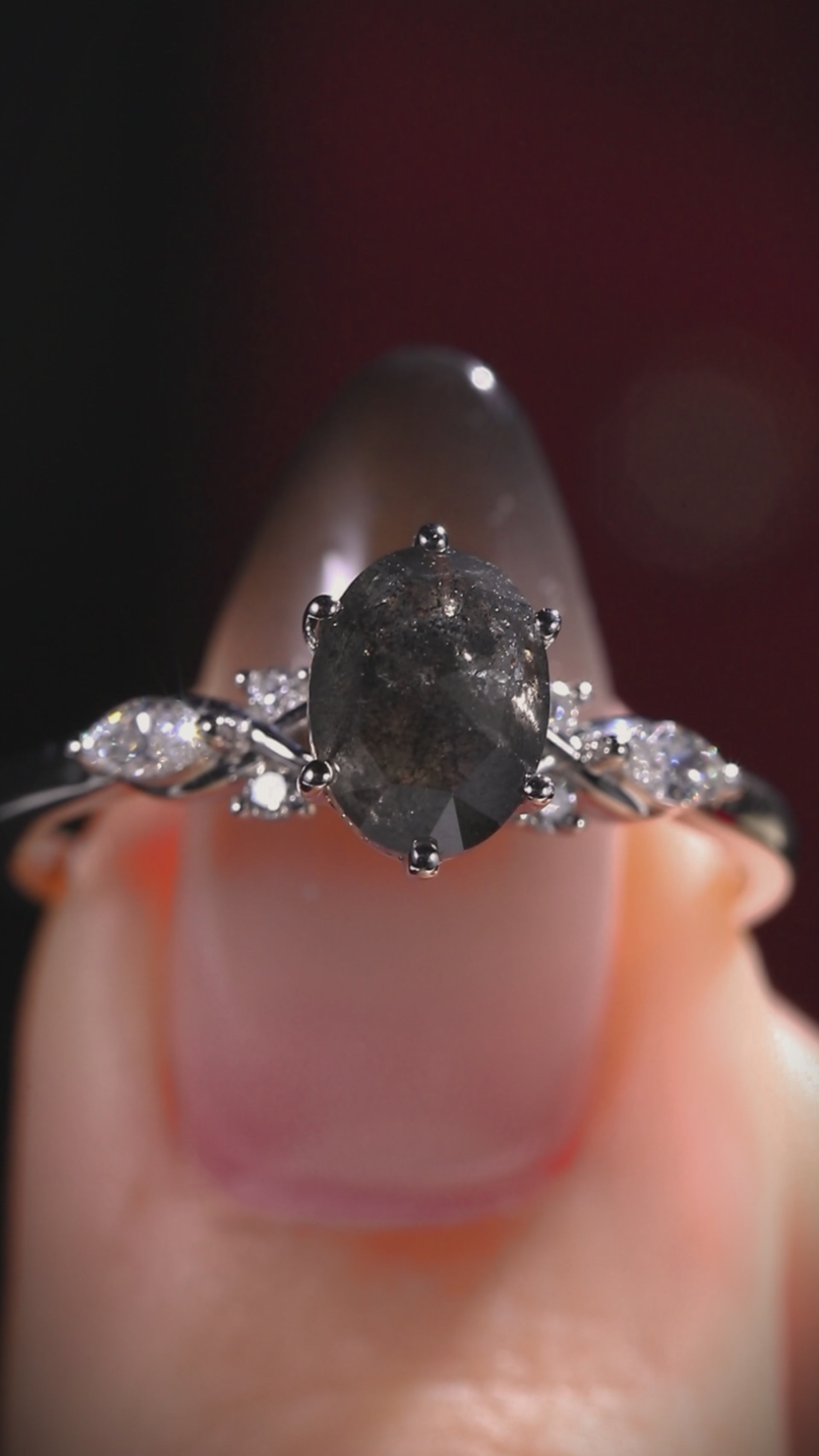 Oval Cut Salt & Pepper Diamond Ring With Lab Diamond Accents