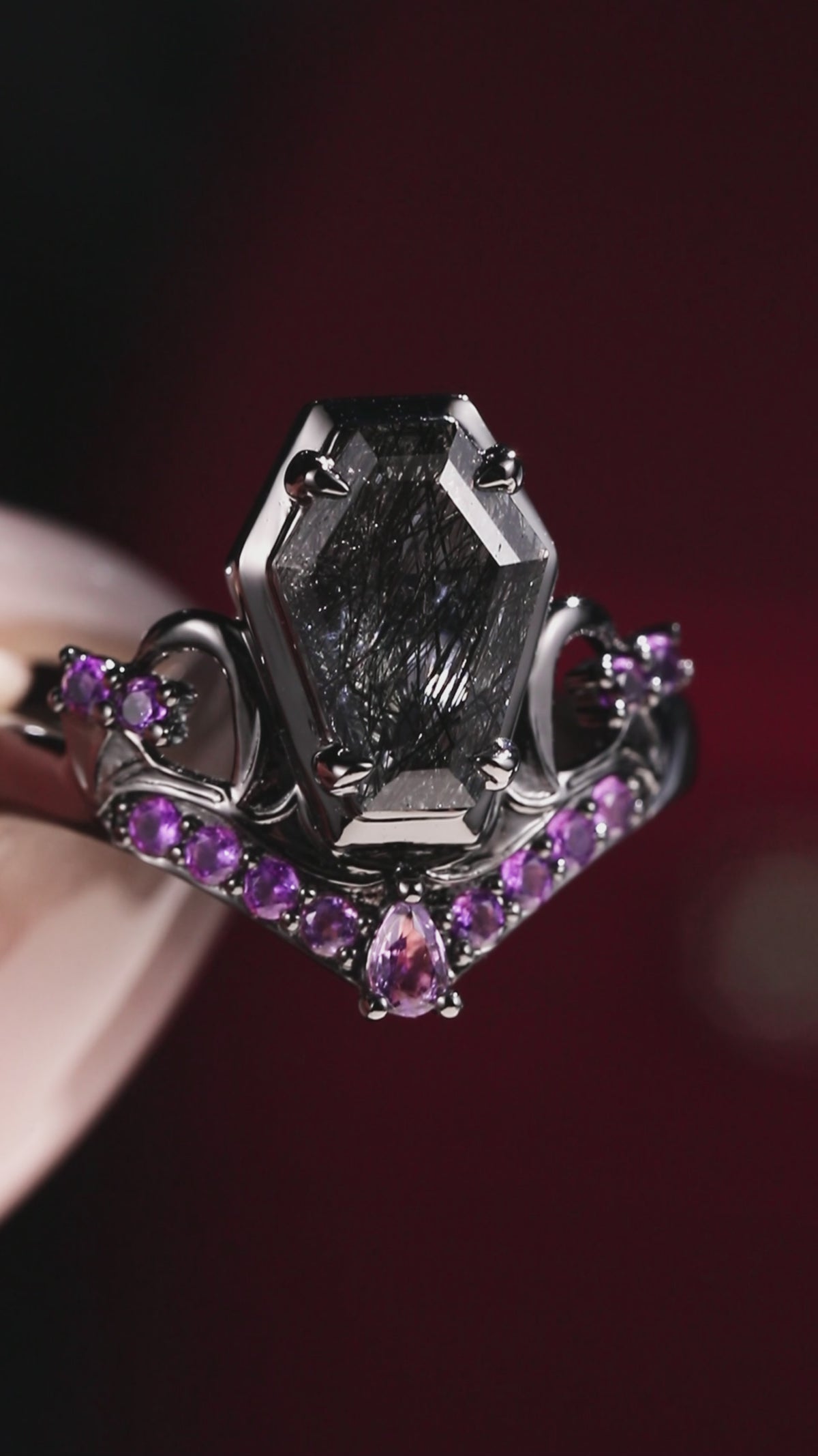 Coffin Cut Black Rutilated Quartz & Amethyst Tombstone Gothic Ring