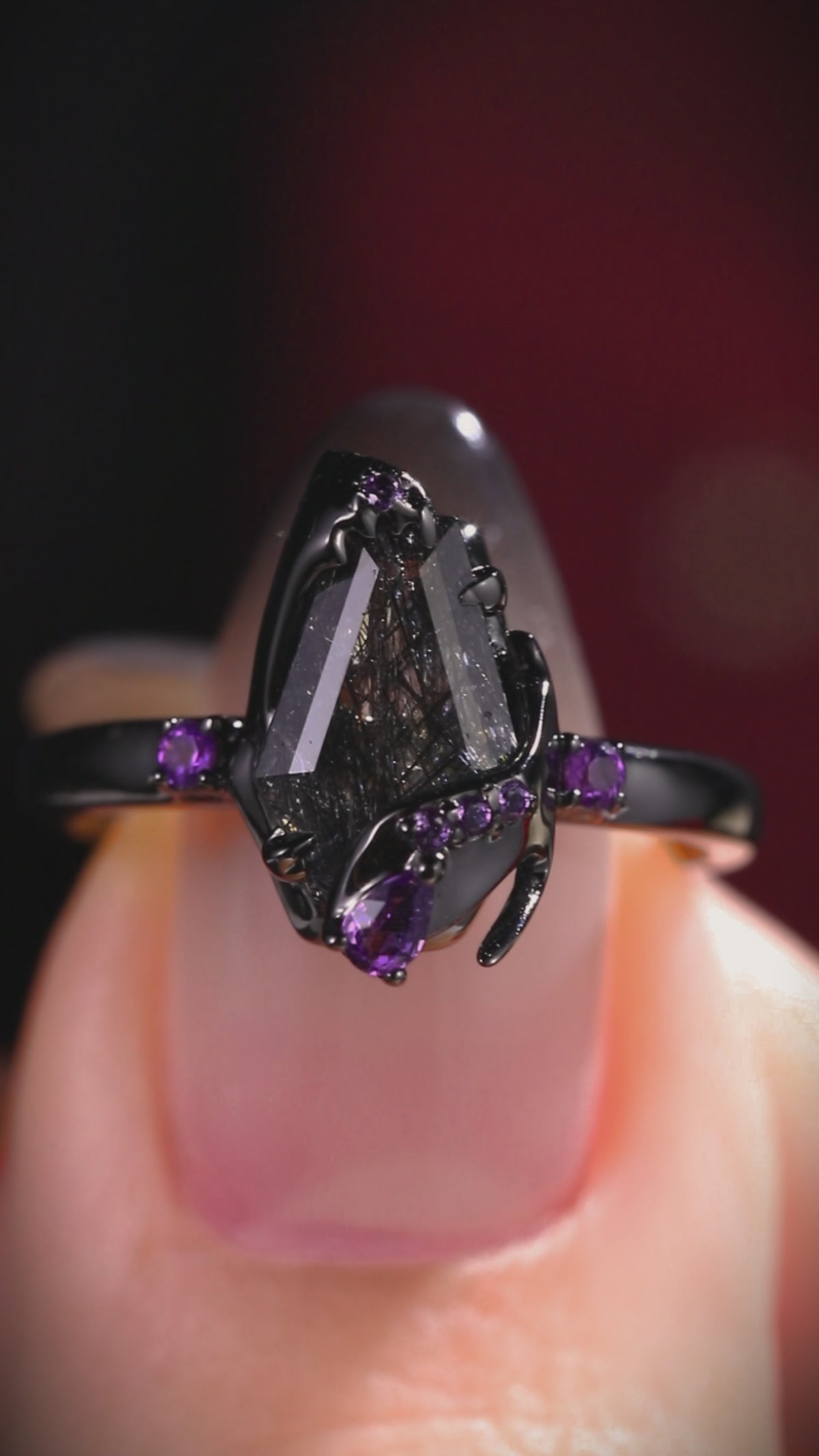Coffin Cut Black Rutilated Quartz & Amethyst Enchanted Forest Gothic Ring