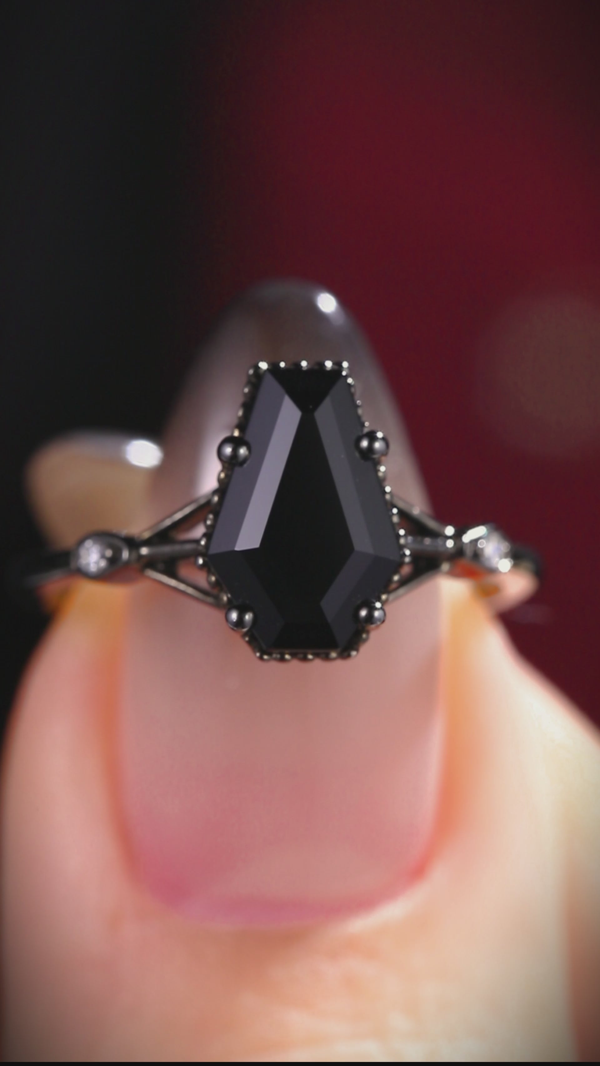 Coffin Cut Black Diamond Split Shank Milgrain Vintage Gothic Ring