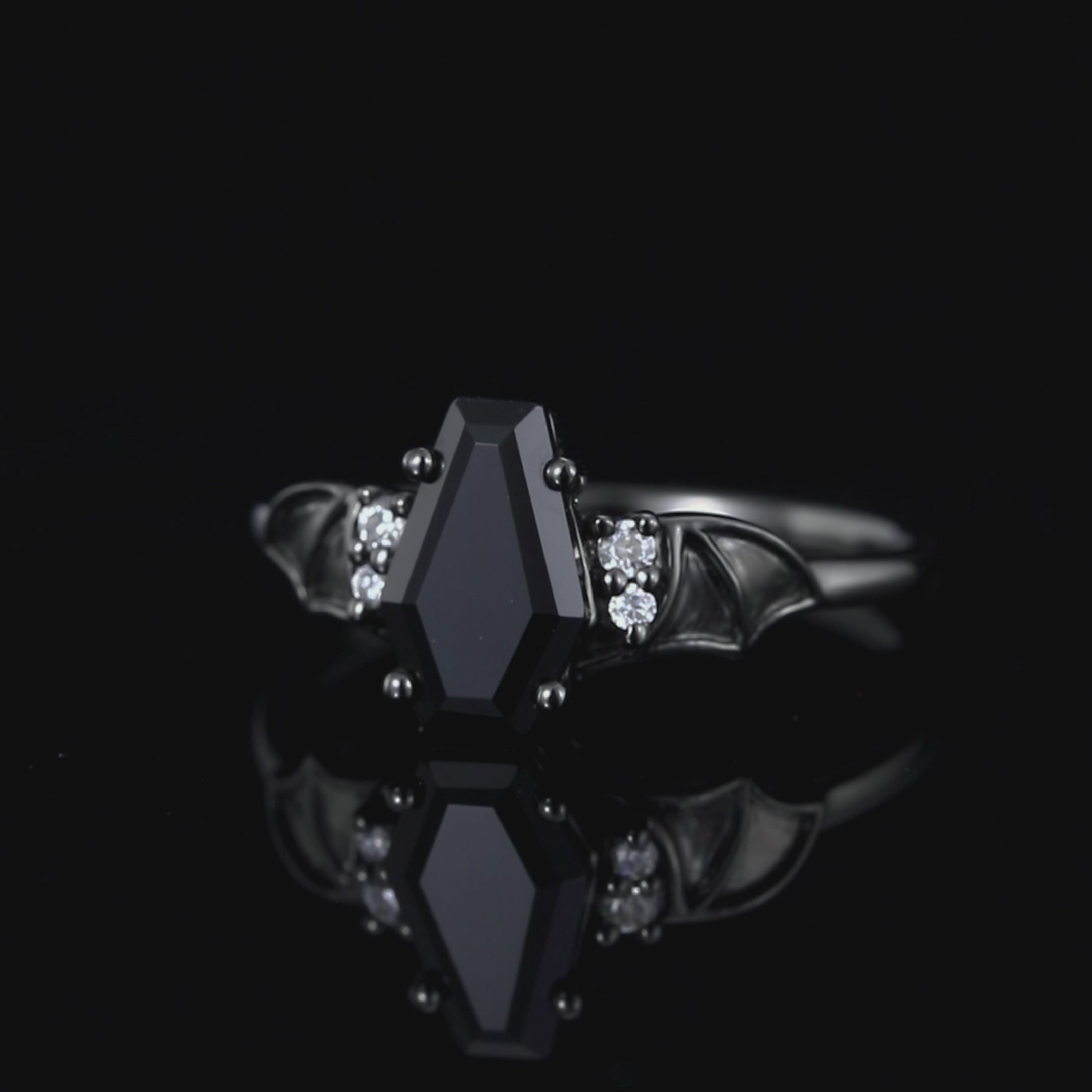 Coffin Cut Black Diamond Bat Wings Gothic Ring