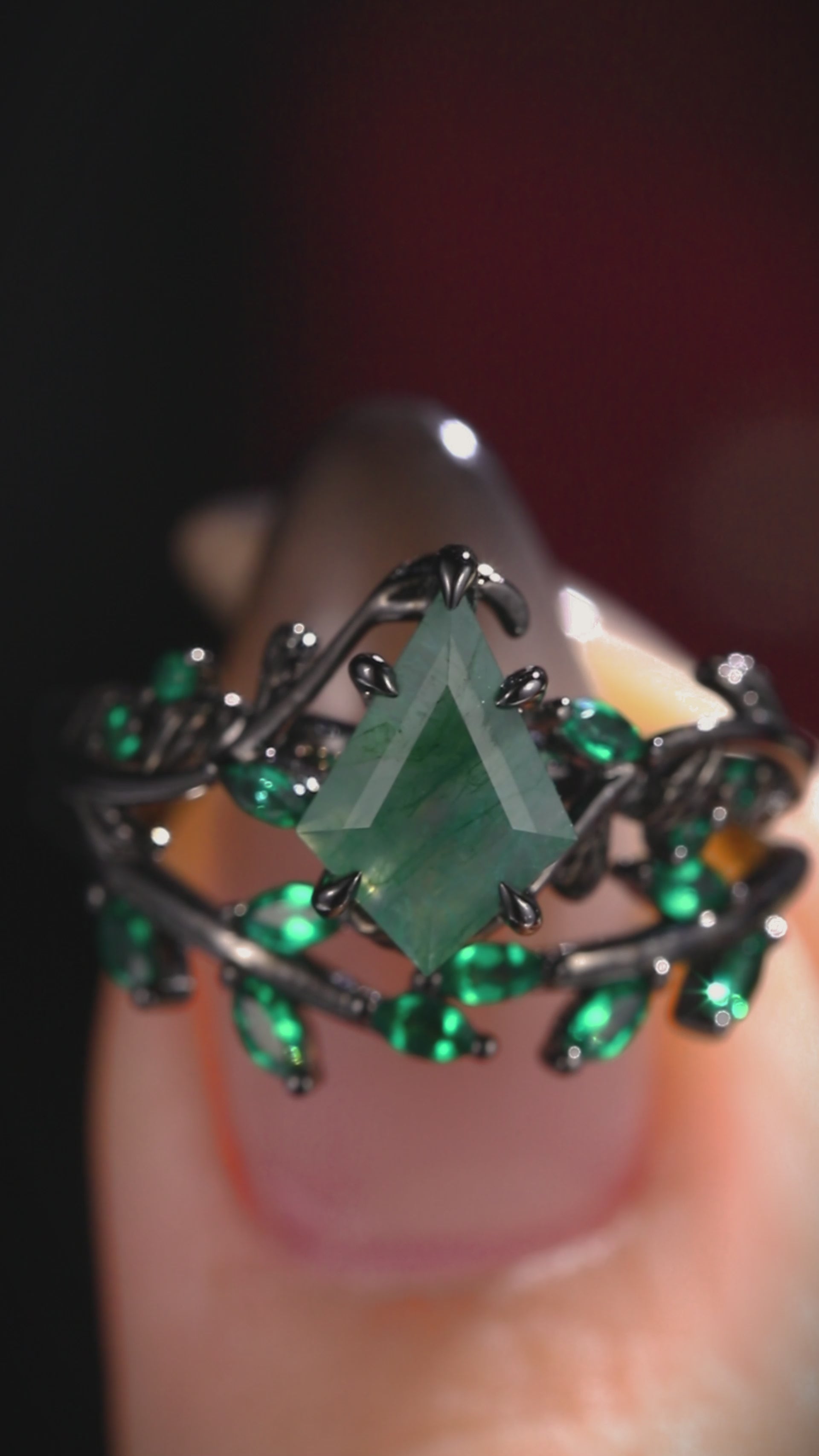 Kite Cut Moss Agate Dark Gothic Ring Set Emerald Leaf Ring Stack