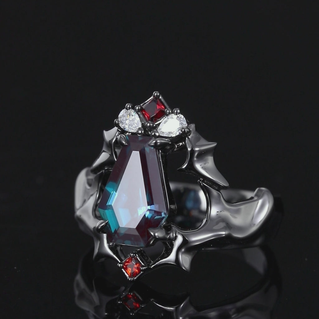 Coffin Cut Lab Alexandrite Demon Wing Gothic Ring
