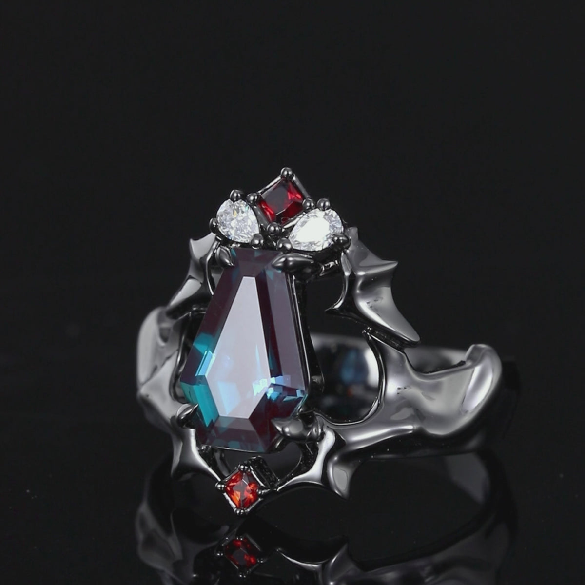 Coffin Cut Lab Alexandrite Demon Wing Gothic Ring