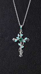 Princess Cut Lab Emerald Vine Cross Gothic Pendant Necklace