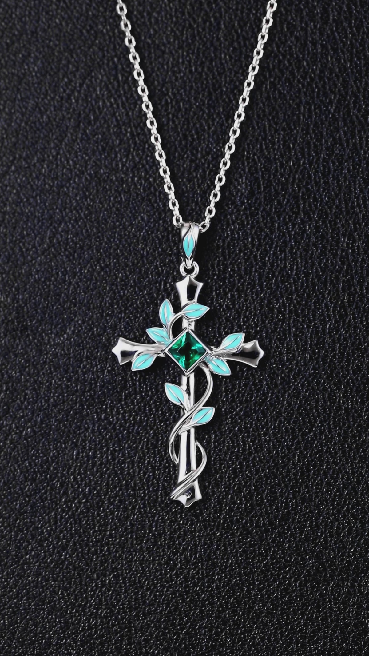 Princess Cut Lab Emerald Vine Cross Gothic Pendant Necklace