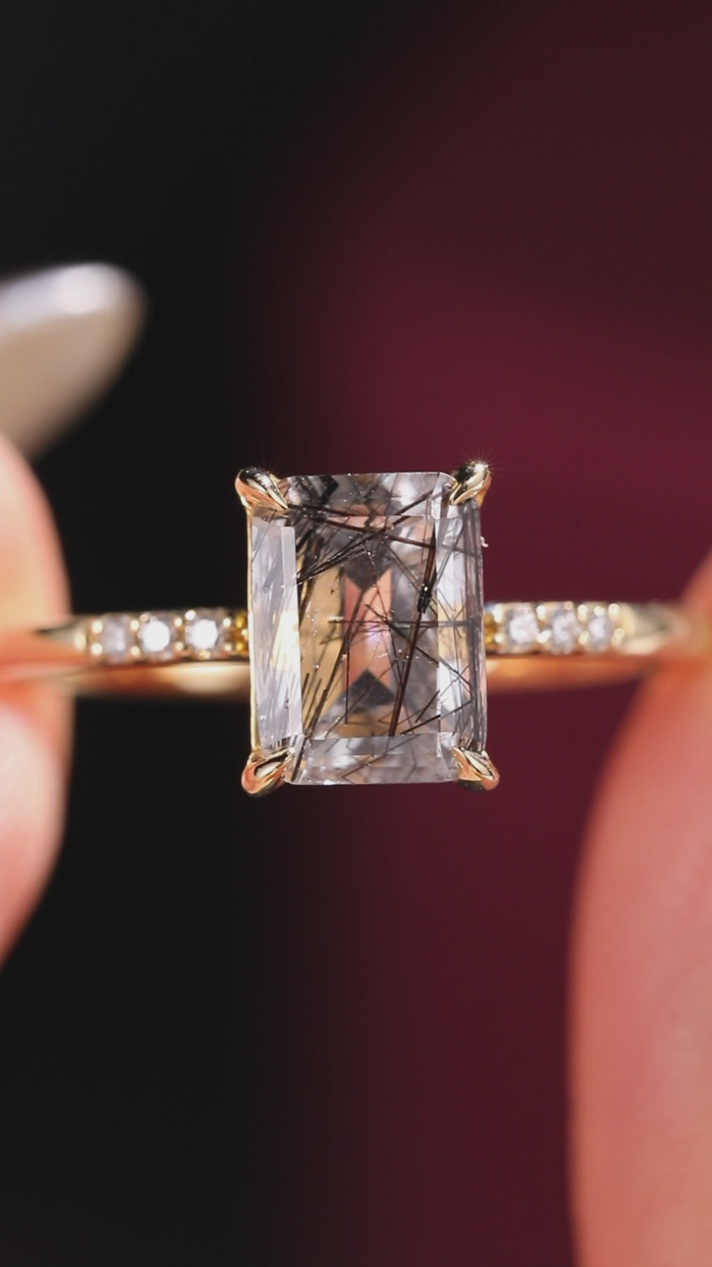 Emerald Cut Black Rutilated Quartz Minimalist Ring