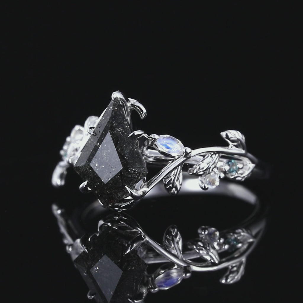 Kite Cut Black Rutilated Quartz Nature Inspired LeafLace Ring