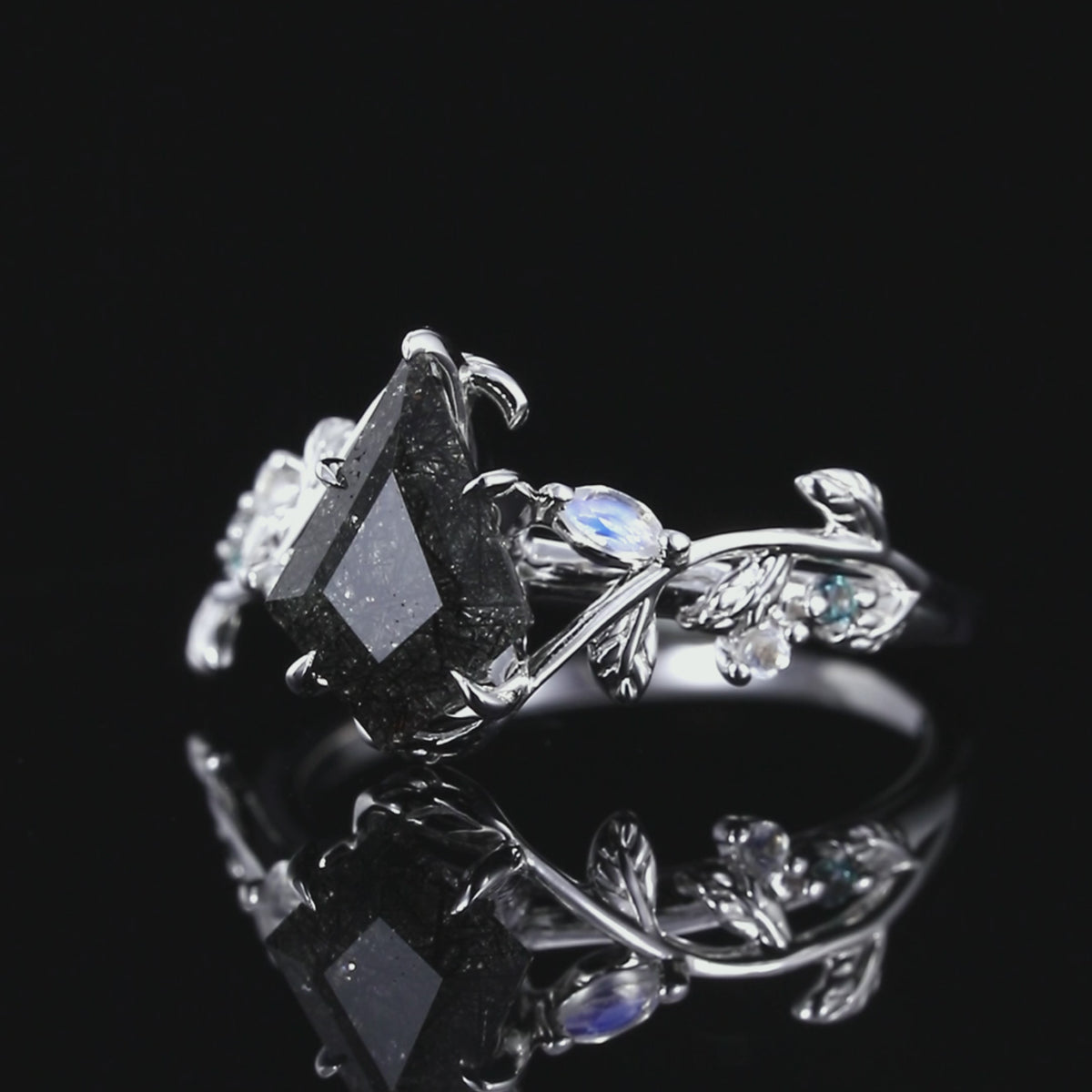 Kite Cut Black Rutilated Quartz Nature Inspired LeafLace Ring