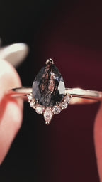 Pear Cut Black Rutilated Quartz Tiara Half Halo Ring