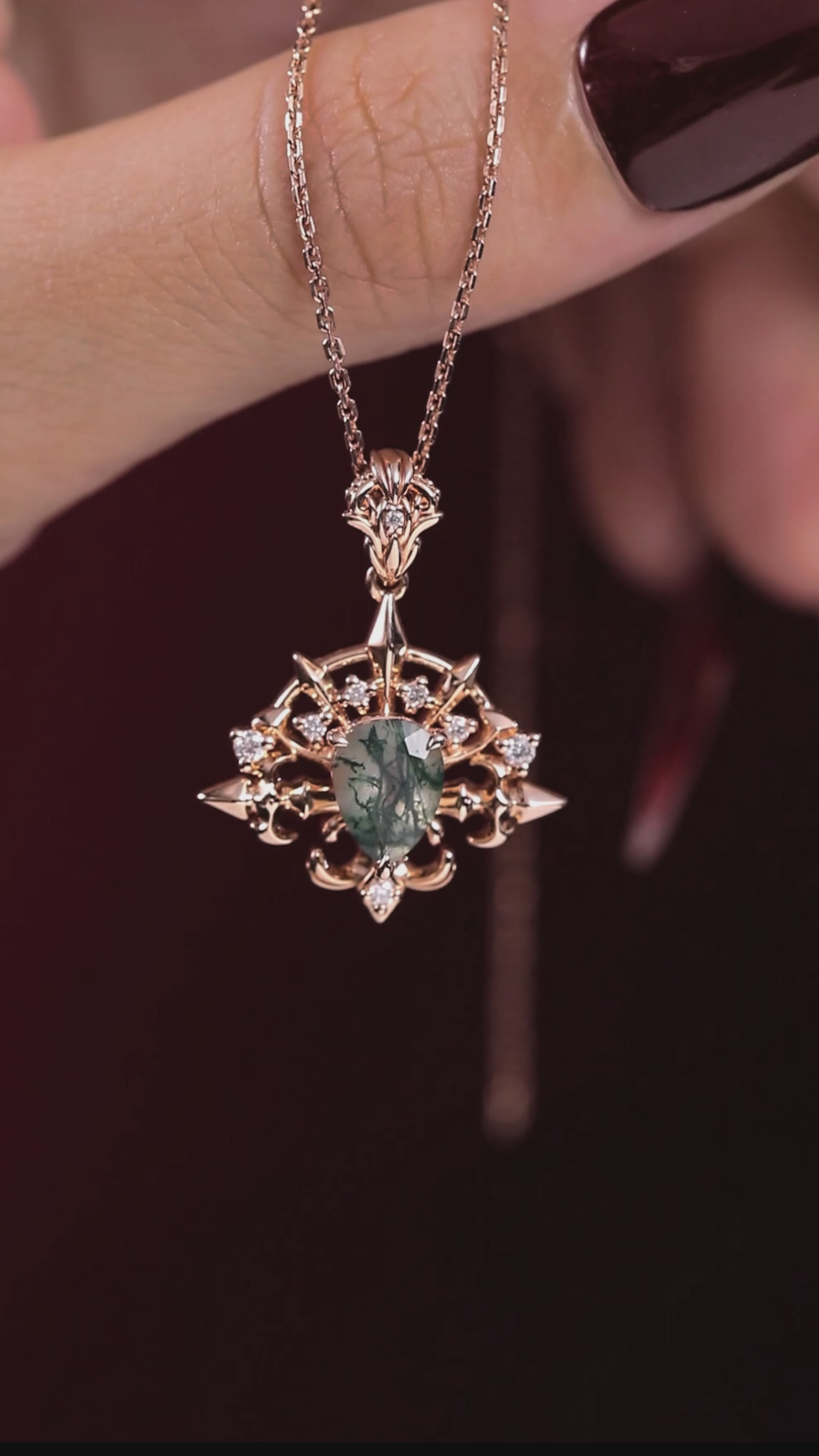 Pear Cut Moss Agate Radiant Arrow Gothic Pendant Necklace