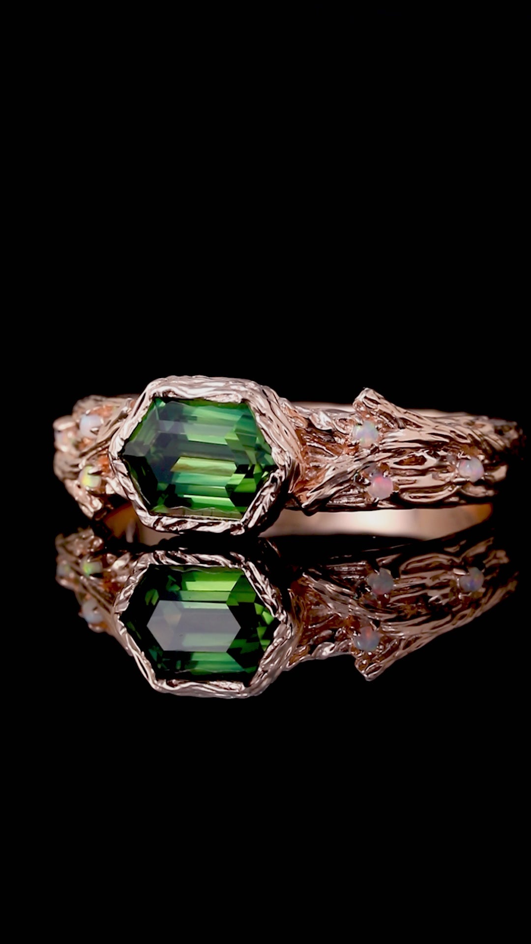East-West Long Hexagon Cut Teal Sapphire Enchanted Branch Ring