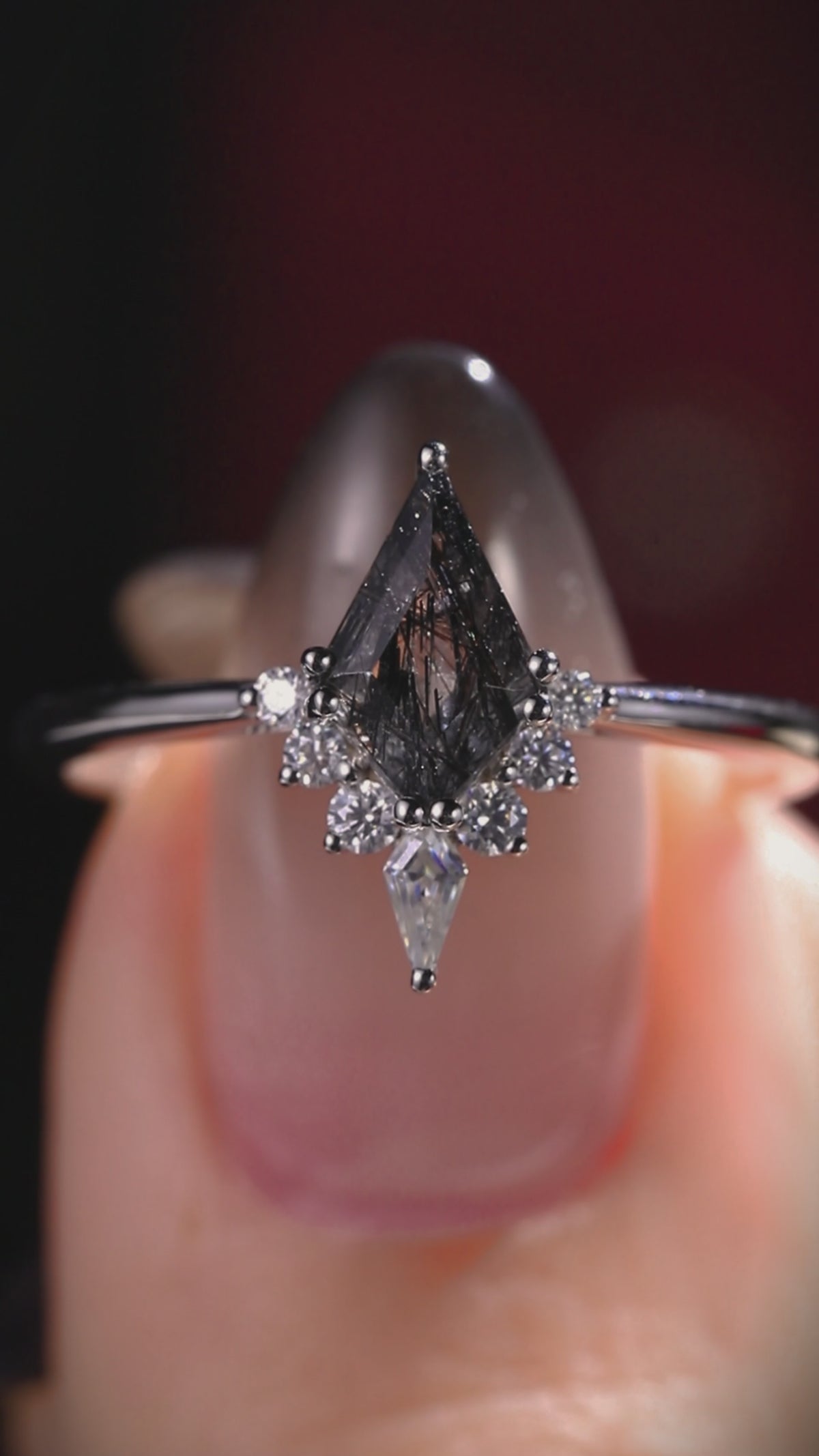 Kite Cut Black Rutilated Quartz Tiara Half Halo Ring Mystic Crystal Gothic Ring