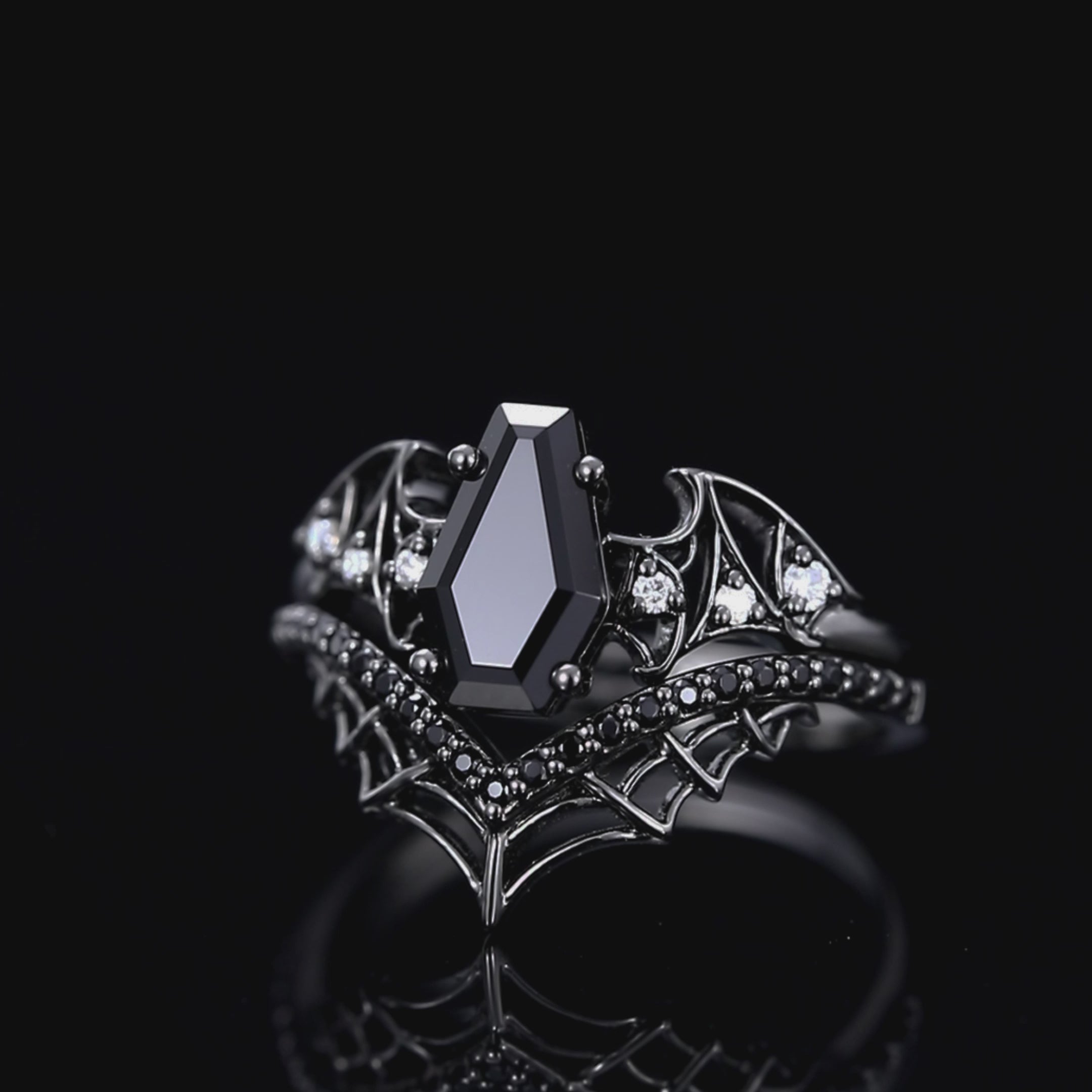 Coffin Cut Black Diamond Bat Wing Spiderweb Ring Set Gothic Pavé Engagement Ring Stack