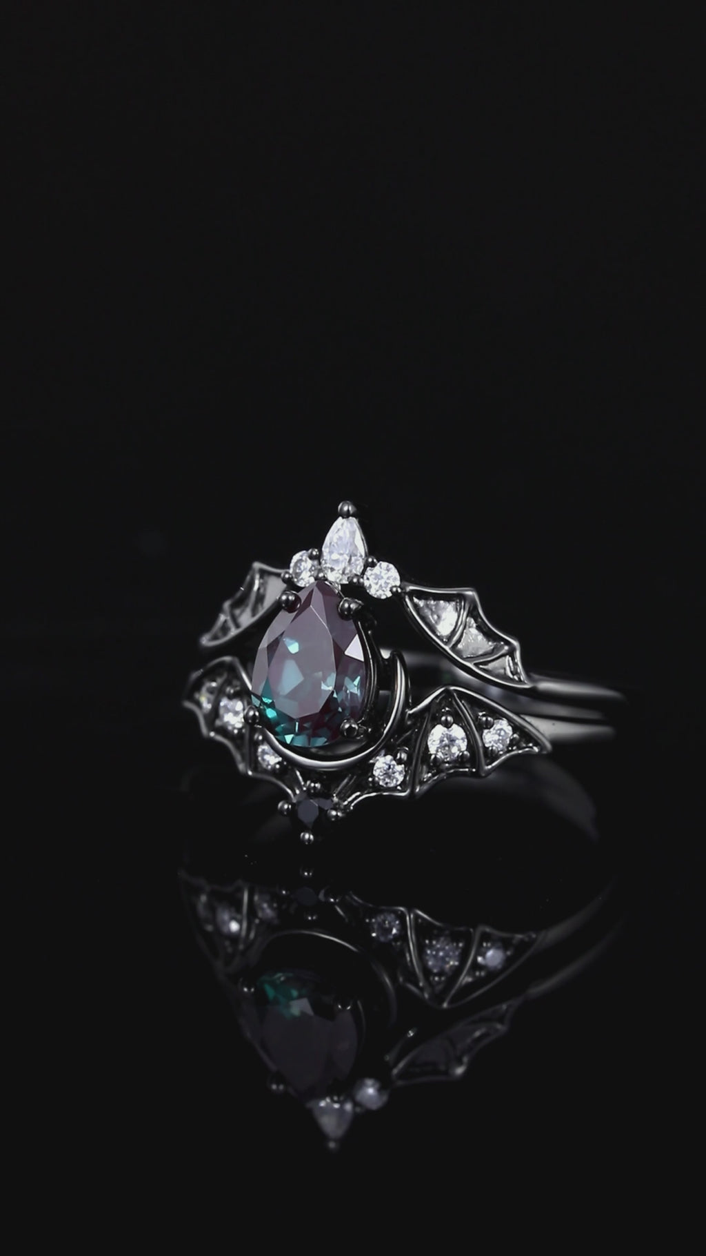 Pear Cut Lab Alexandrite Double Bat Hugging Ring Set Dark Gothic Ring Stack