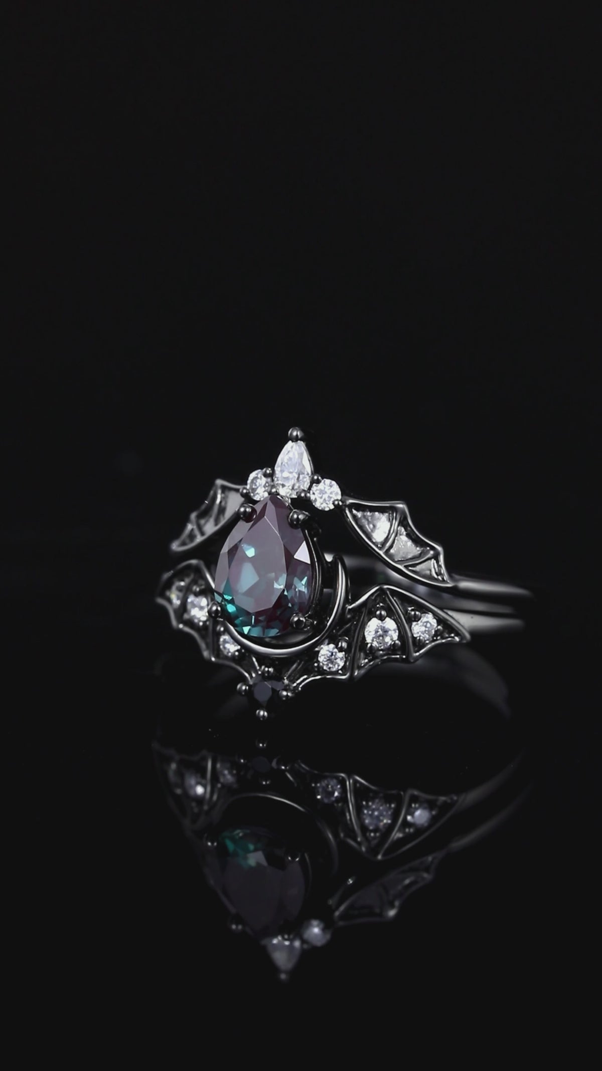 Pear Cut Lab Alexandrite Double Bat Hugging Ring Set Dark Gothic Ring Stack
