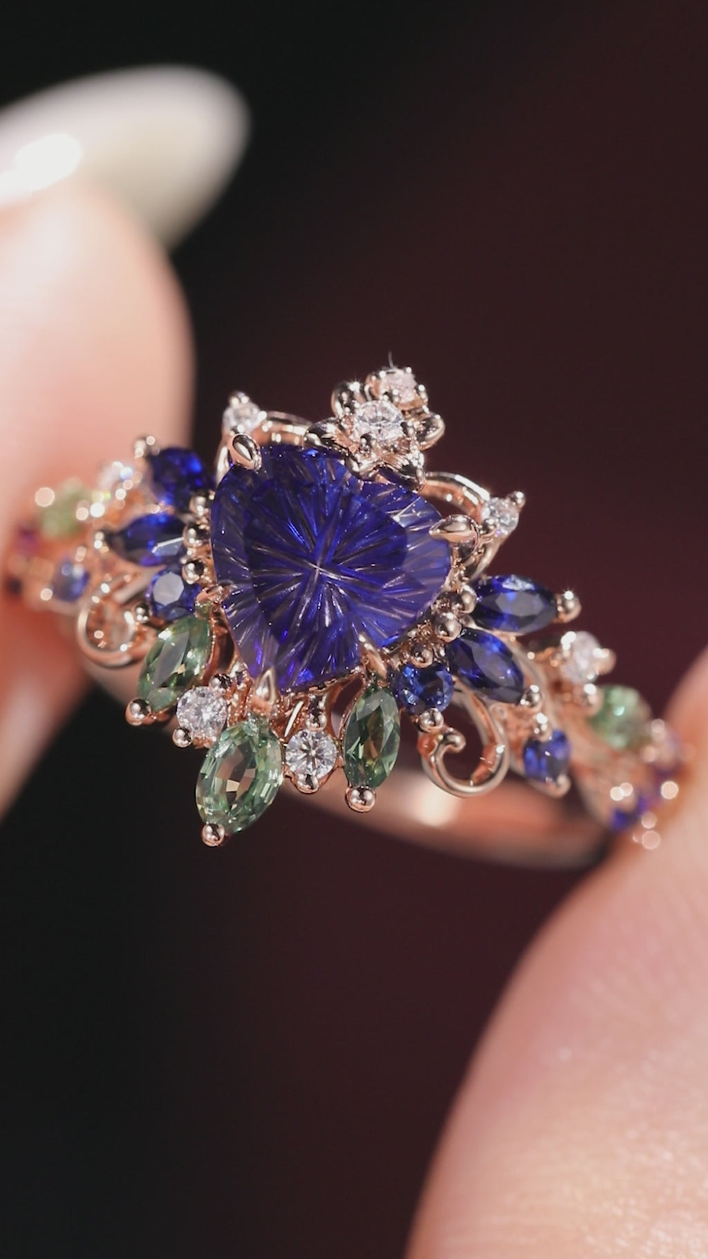 Fantasy Cut Heart Shaped Blue Sapphire Royal Garden Crown Ring with Teal Sapphire Accents