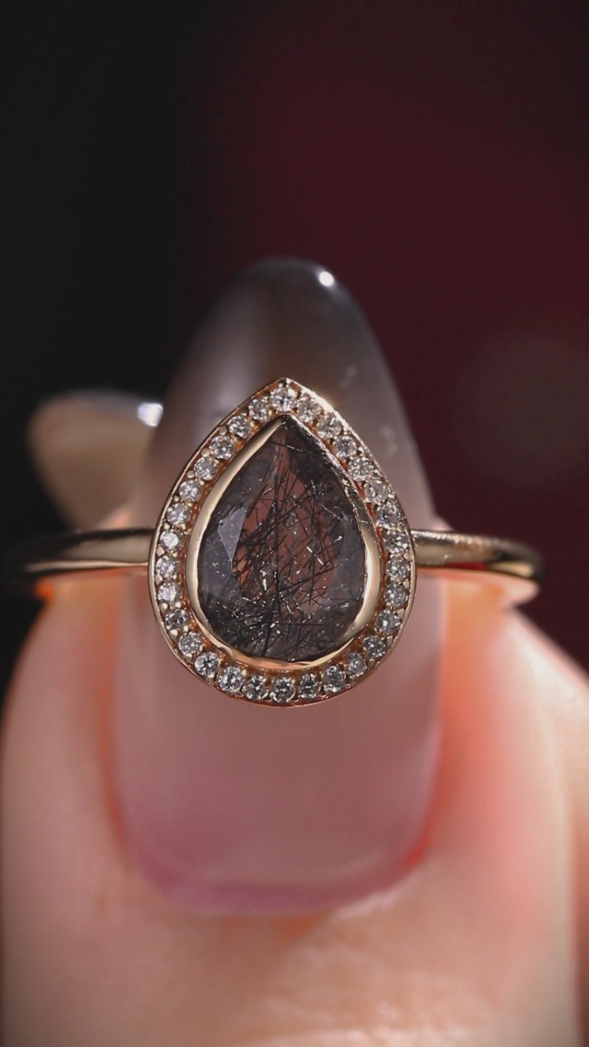 Pear Cut Black Rutilated Quartz Halo Ring