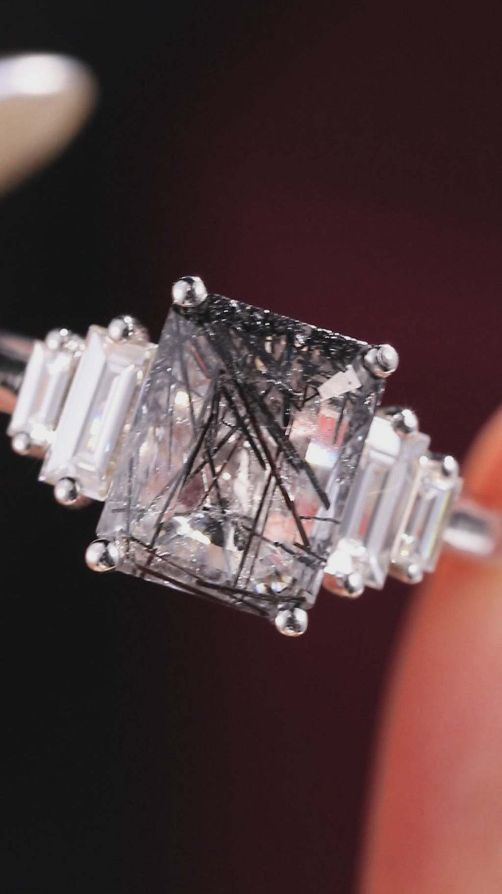 Art Deco Emerald Cut Black Rutilated Quartz Baguette Accented Ring
