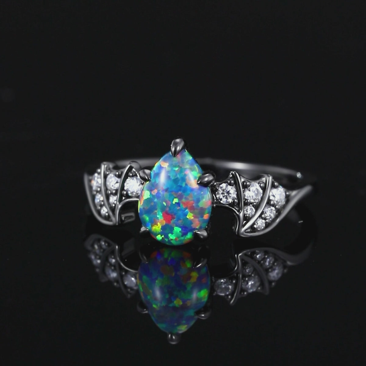Pear Cut Synthetic Black Opal Gothic Bat Wing Ring