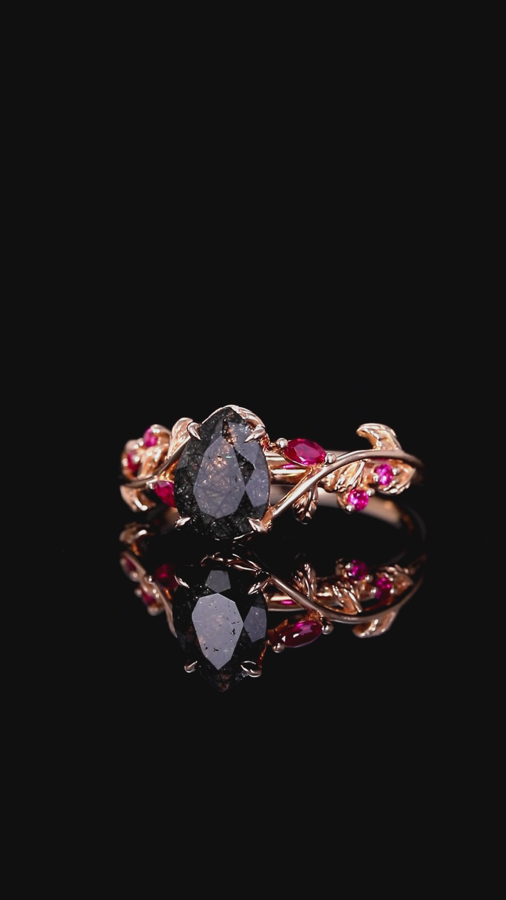 Pear Cut Black Rutilated Quartz Gothic Leaf Ring