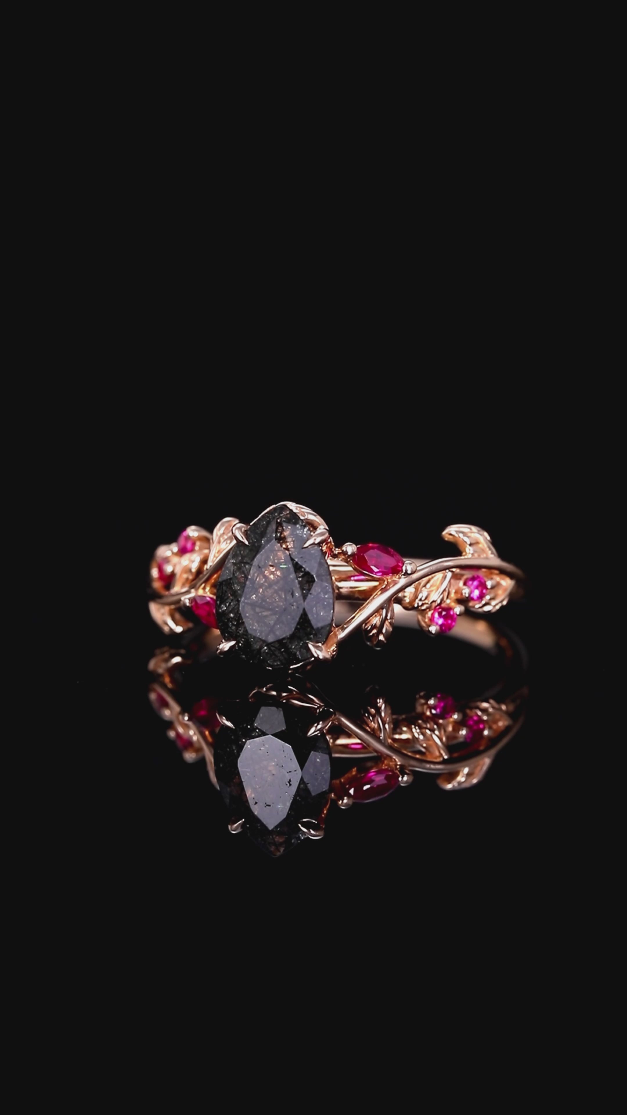 Pear Cut Black Rutilated Quartz Gothic Leaf Ring