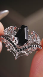 Coffin Cut Black Diamond Bat Wing Spiderweb Ring Set Gothic Pavé Engagement Ring Stack