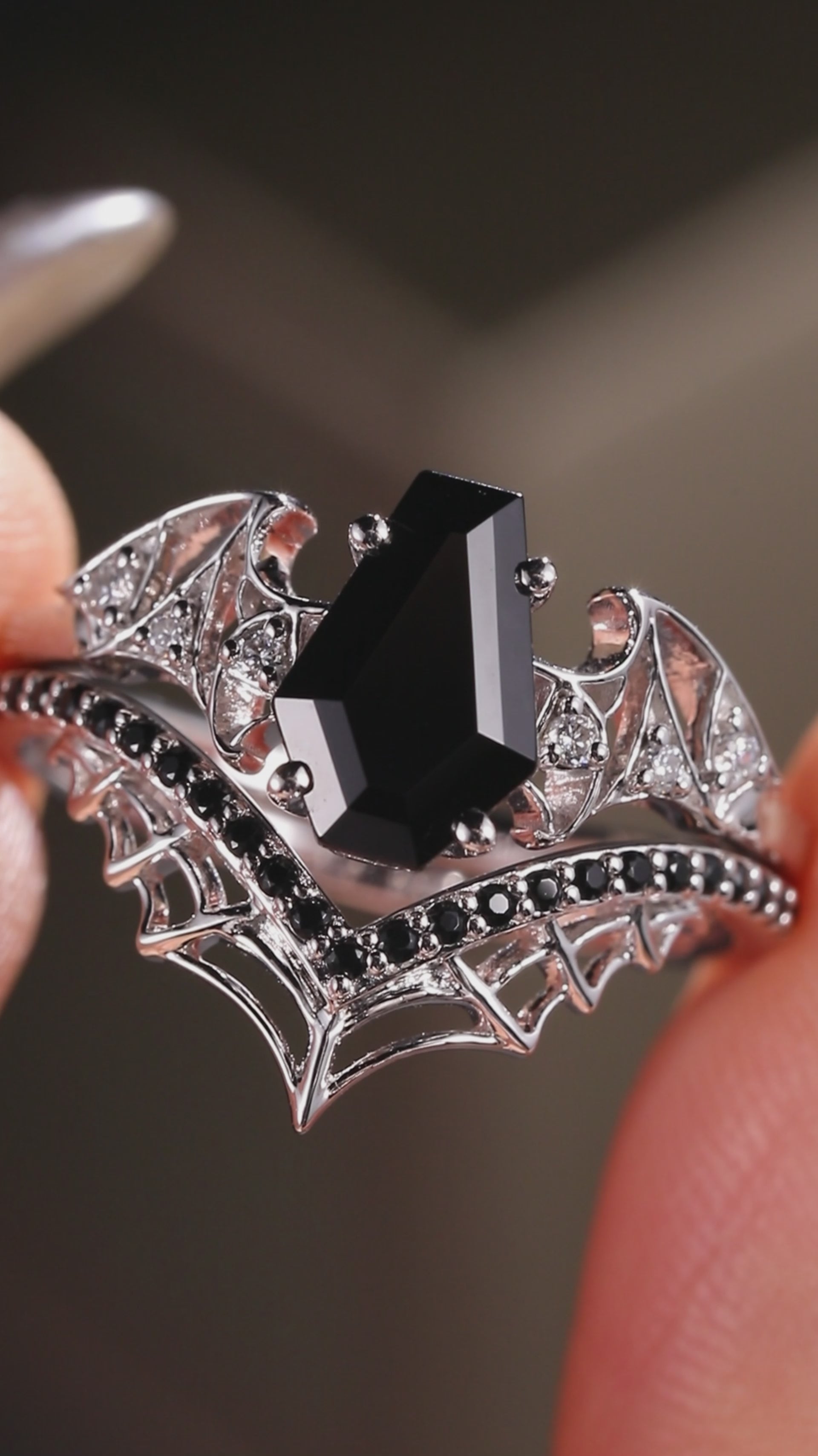 Coffin Cut Black Diamond Bat Wing Spiderweb Ring Set Gothic Pavé Engagement Ring Stack