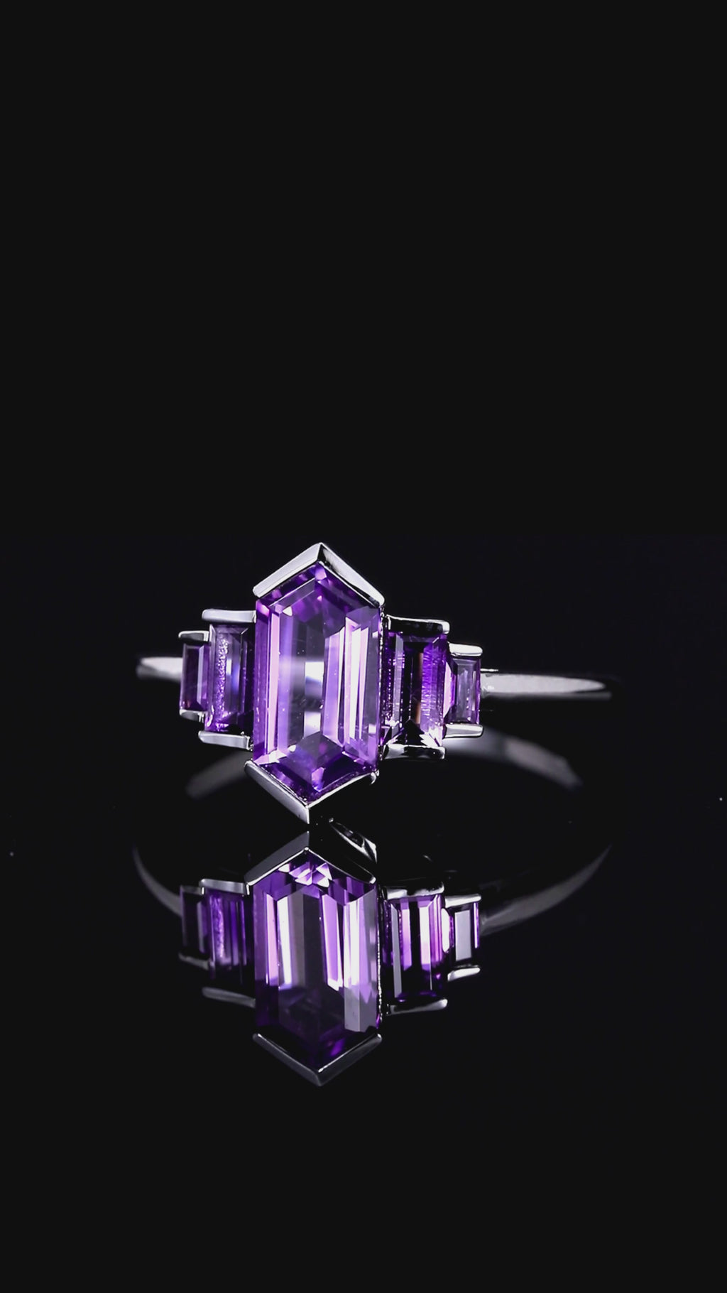 Art Deco Long Hexagon Cut Amethyst Baguette Accented Ring