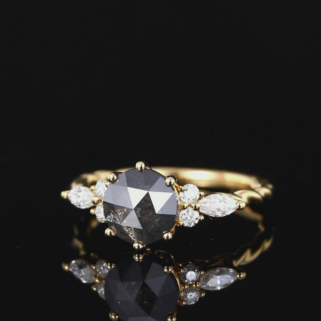 Round Cut Salt & Pepper Diamond Twisted Band Ring With Lab Diamond Accents
