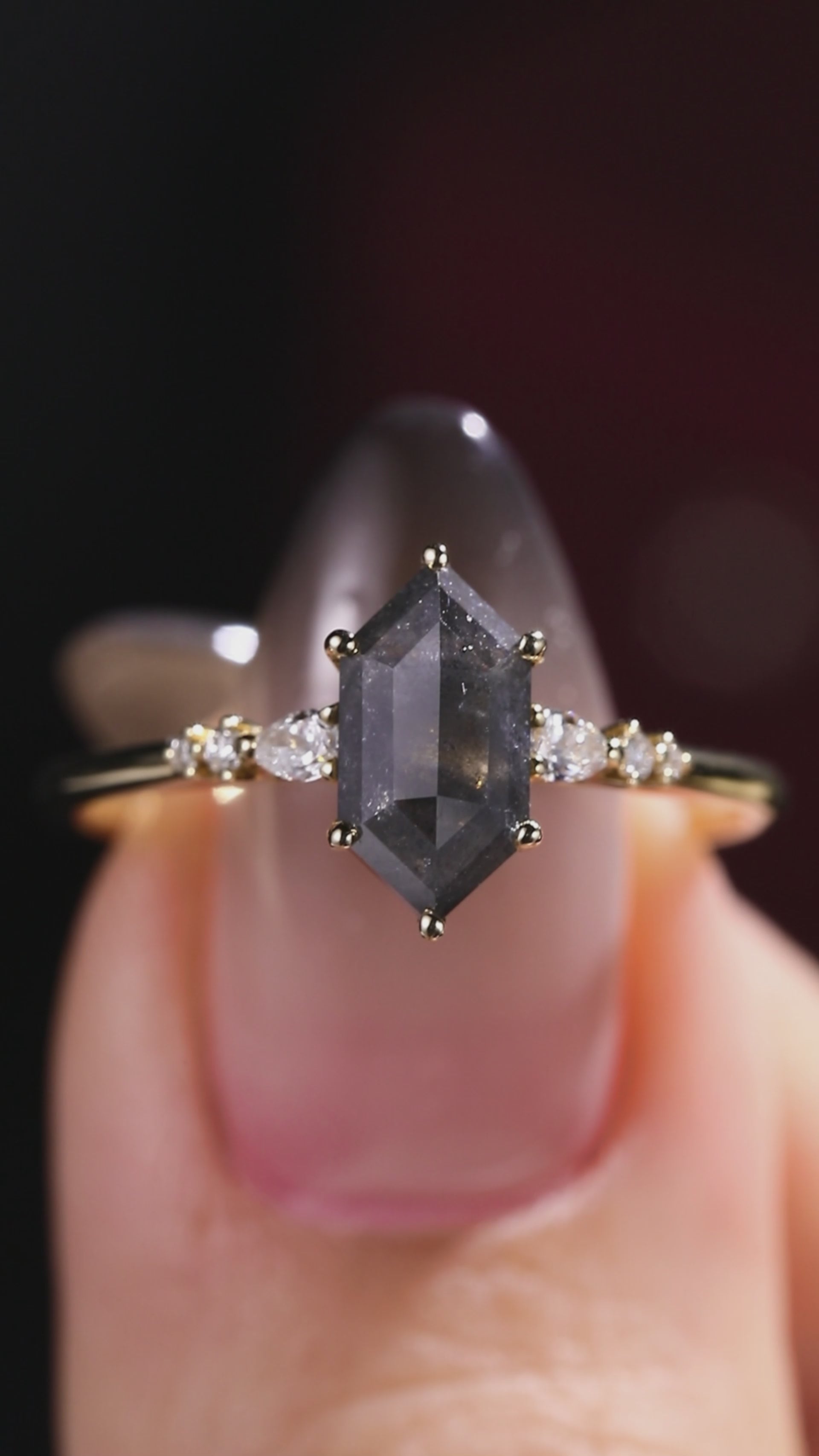 Long Hexagon Cut Salt & Pepper Diamond Ring With Pear & Round Accents