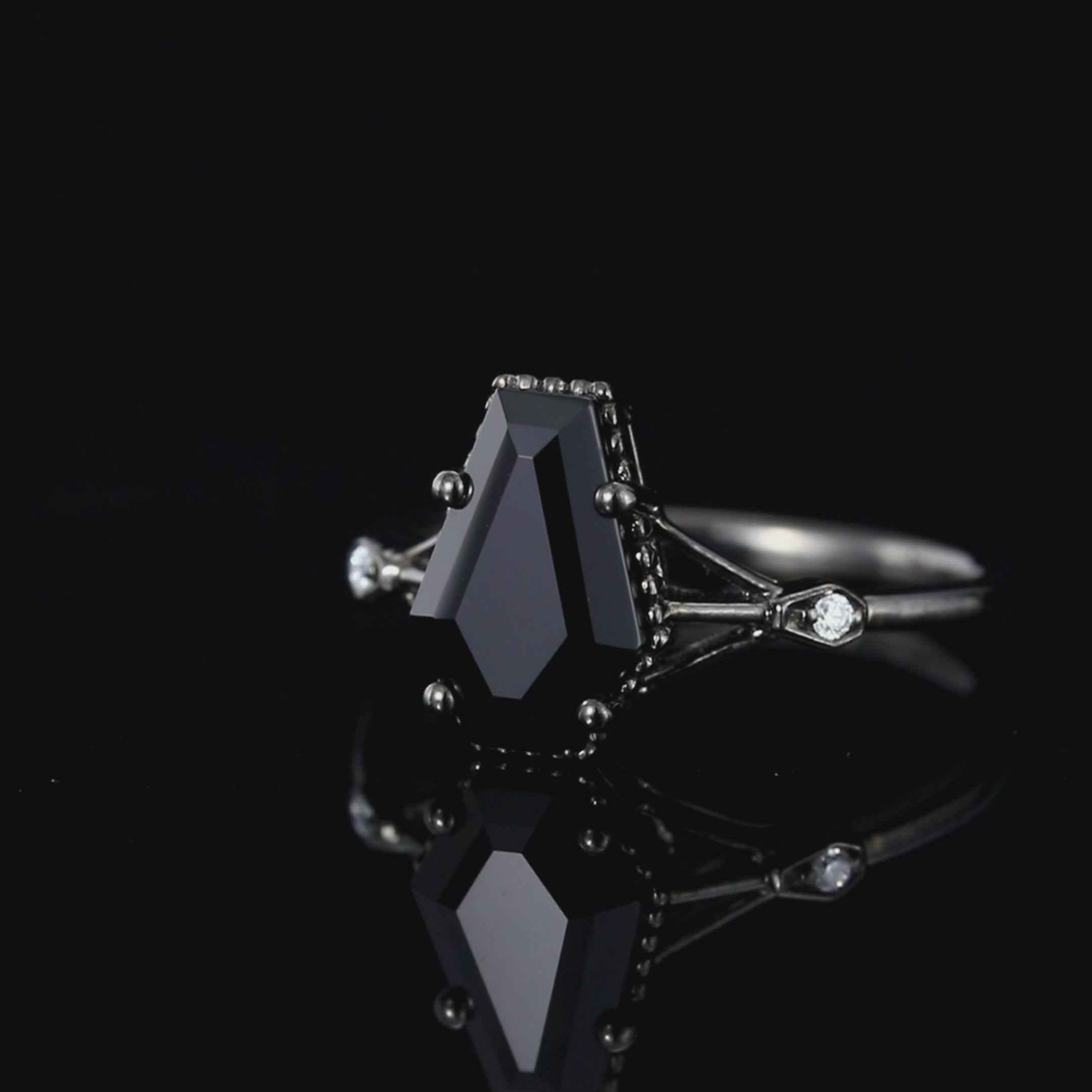 Coffin Cut Black Diamond Split Shank Milgrain Vintage Gothic Ring